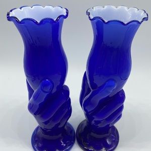 Victorian Cobalt Blue Vintage Vase Pair with Hands